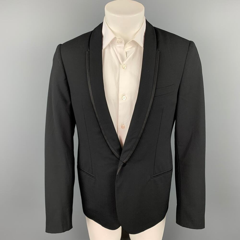 LANVIN Size 40 Black Wool / Lycra Shawl Lapel Tuxedo Sport Coat